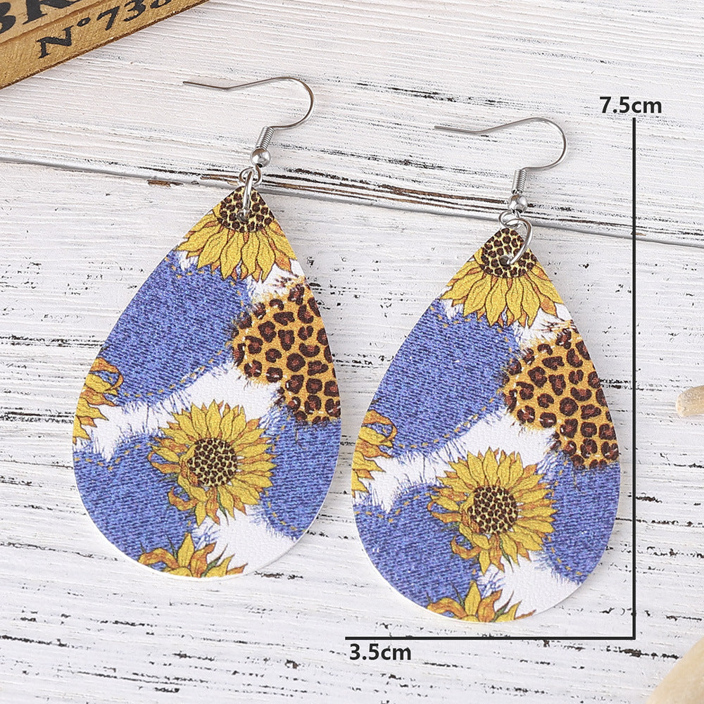 Wholesale Western Ethnic Denim Sunflower Water Drop Pendant Double-sided PU Leather Earrings